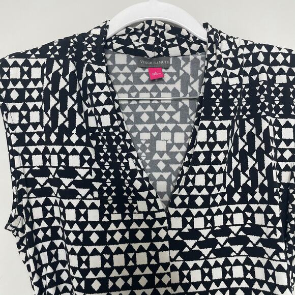 Vince Camuto Geo Pattern Sleeveless Side Ruched Blouse Top Black/White Women's S - Picture 3 of 12